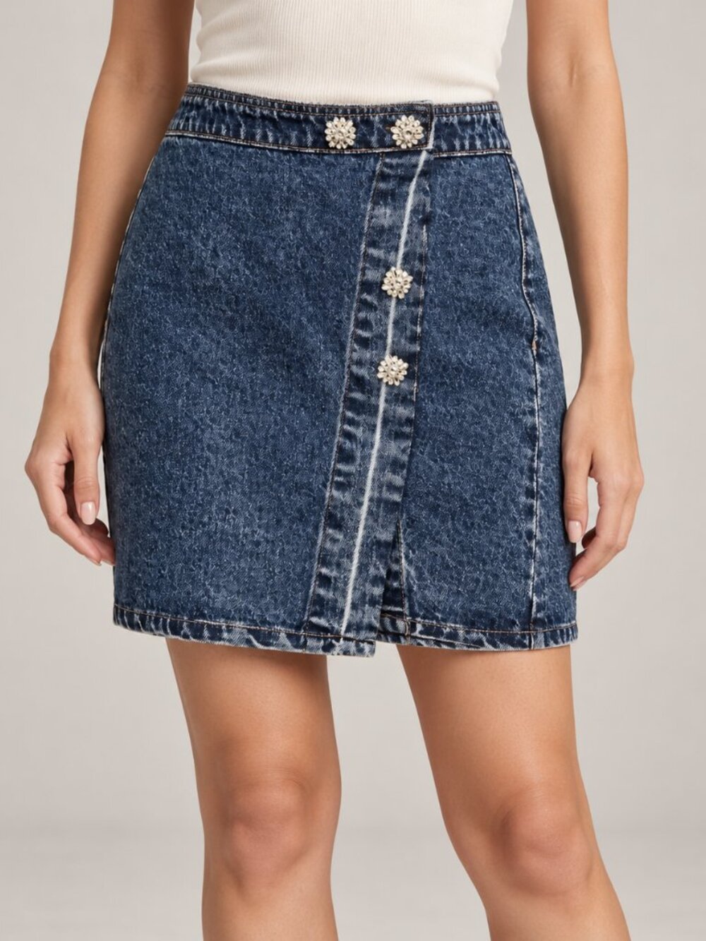 Self-Portrait Dark Blue Denim Mini Skirt with Crystal Buttons